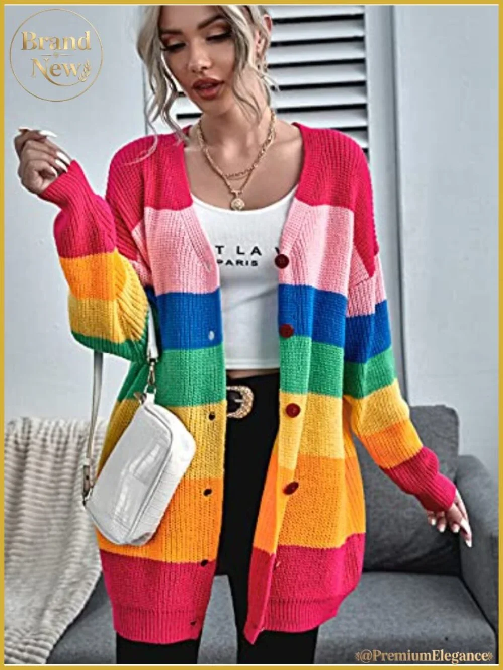 Women's Oversized Rainbow Stripe Cardigan Sweater with Button Front